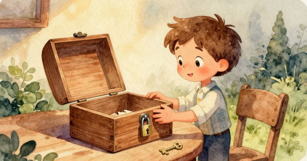 Leo的手輕柔地提起小木盒,展示出精緻的鎖扣和飛舞的塵埃,充滿期待與細膩感。