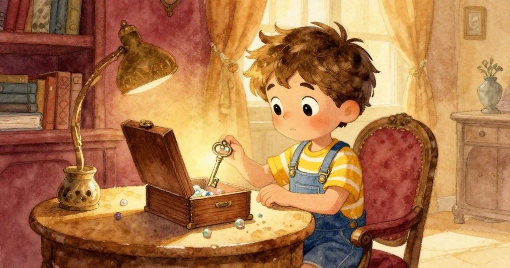 在另一個溫馨的室內環境中,Leo仔細觀察著打開的小木盒和閃爍的銀鑰匙,背景是古董桌和柔和的午後光線,流露出好奇心。