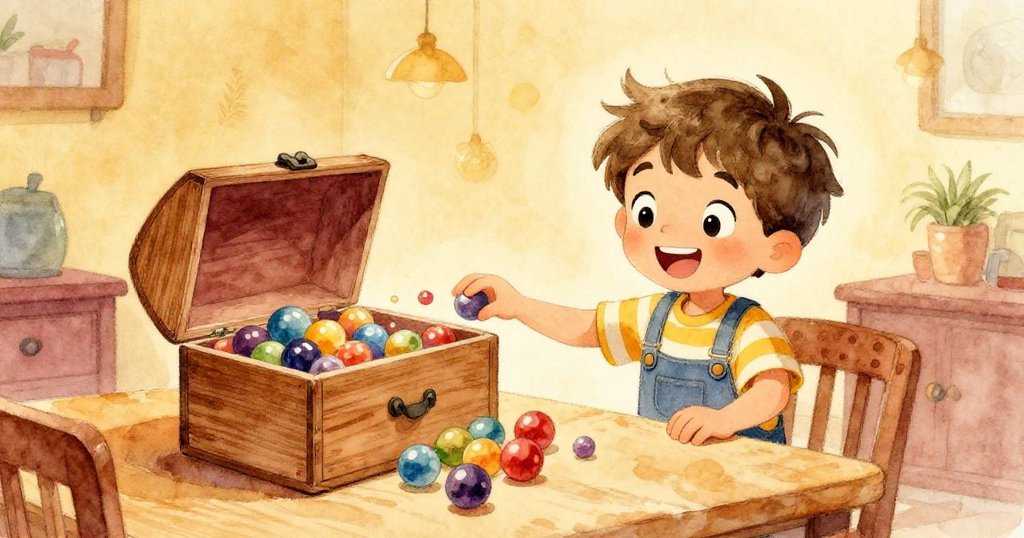 Leo滿面笑容地看著敞開的木盒與滾動的彩色玻璃彈珠,溫馨地告別這段奇妙歷程,心中充滿喜悅。