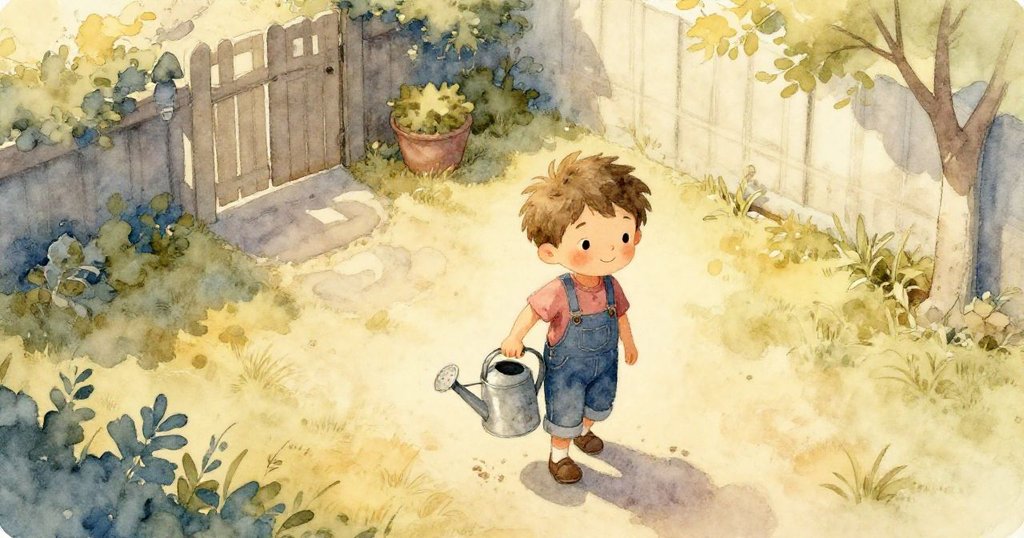 清晨金光灑落小院，米洛拿著水壺趕往花園，庭園全景展現希望開始和溫暖氣氛，邁向種植之旅。