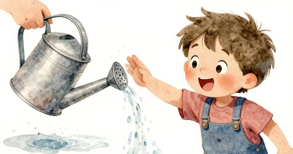 米洛驚訝扶著斷裂水壺，激流四散灑向庭園，特寫金屬與水花呈現意外開始與轉折情節。