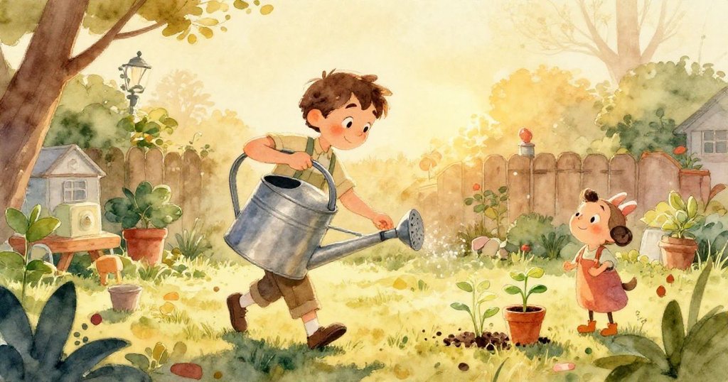 以昆蟲視角看豆子隨水流飛散，紙袋傾覆並帶動小鏟滑動，表現童趣與庭園中意外景象發展。