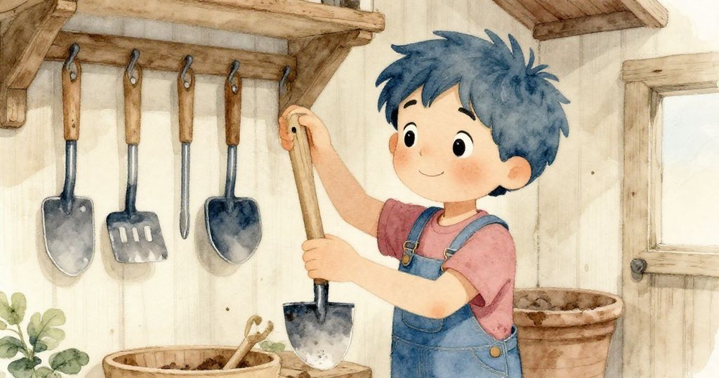 米洛在充滿懷舊感工具間挑選園藝工具，牆上掛滿各式工具展現用心準備，室內外光影交織延續種植夢想。