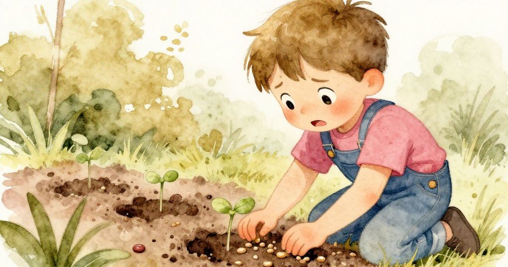 米洛蹲下重新種植飛散豆子，驚奇凝視著小芽迅速冒出，暖陽照耀下表情緊張又充滿期待，庭院生機勃勃。