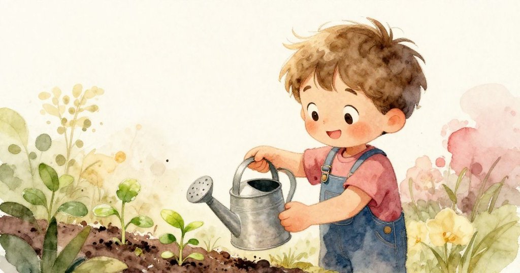 米洛滿足地放下水壺，溫柔拭去手上泥土，注視綠芽生長如大自然贈禮，庭院光影溫暖展現努力後喜悅。