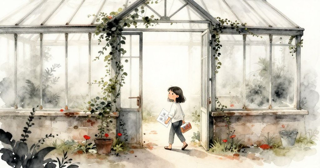 米拉踏進被晨霧籠罩的舊溫室，手持畫冊和鉛筆盒，房間中窗外光線柔和，表情好奇而堅定。