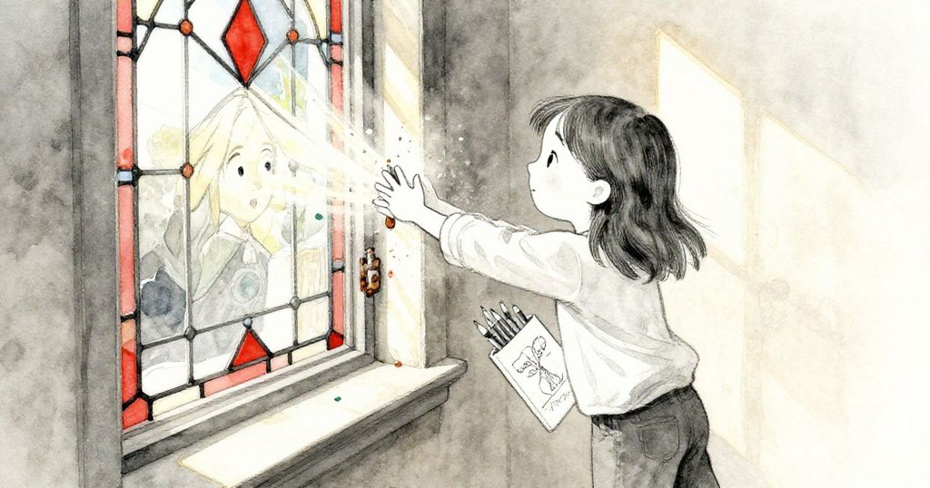 米拉正用力撬開生鏽的窗扇，細緻觀察著斑駁彩窗與飄落的油漆碎屑，神情專注而驚奇。