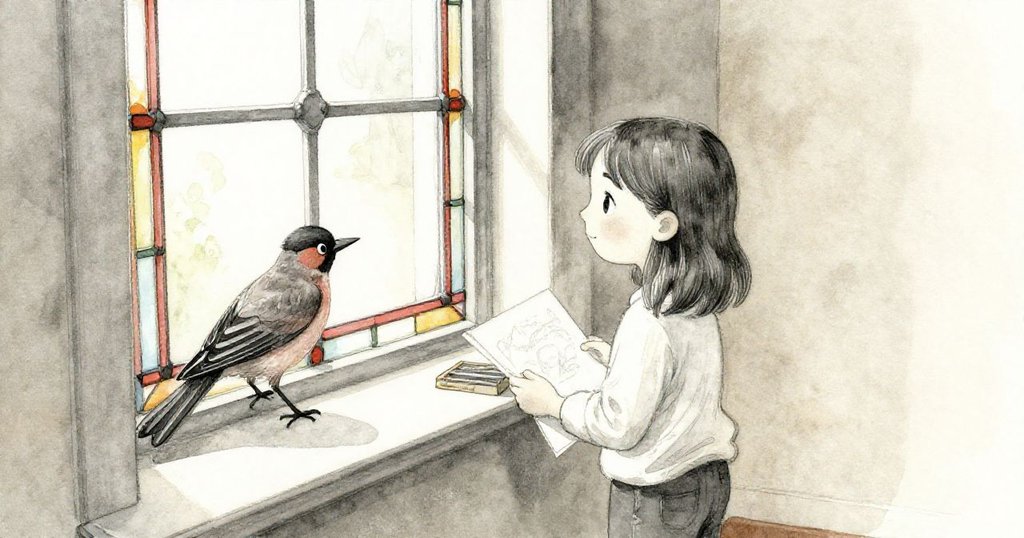 小鳥棲息於窗台上，好奇地注視米拉與古老彩窗互動，窗內自然光柔和，米拉神情專注溫柔。