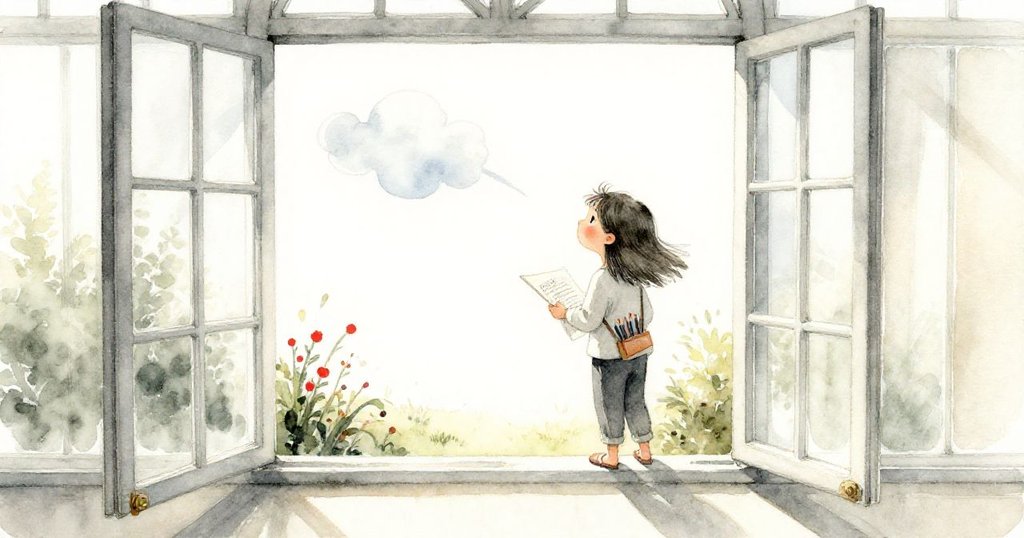 米拉透過打開的窗戶眺望戶外，輕柔的日光因過往雲彩而變幻，她的目光流露出驚喜與柔情。