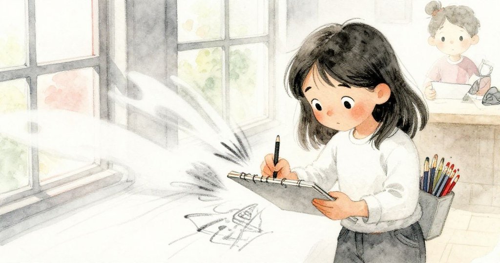 米拉專注揮筆作畫，細緻描繪出隱藏的鉛筆痕跡與彩色玻璃光影，神情激動充滿創意。