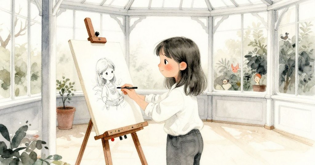 米拉退後欣賞完成的畫作，柔和燈光映照在畫板上，她露出滿足微笑，心中默契連接著過去與現代。