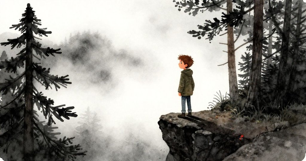 Luke站在岩石陽台上，晨霧和松樹環繞，他注視著遠方，面帶些許緊張和期待，展現故事開端。