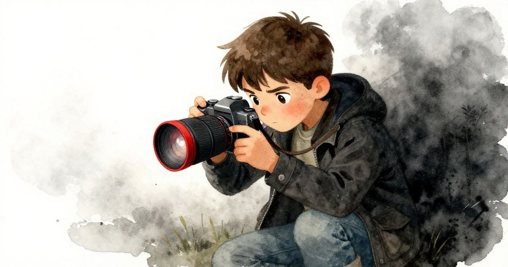 Luke仔細檢查手中鮮紅色鏡頭蓋，背景中晨霧與岩石陽台映襯出希望與決心，故事發展中的重要象徵。