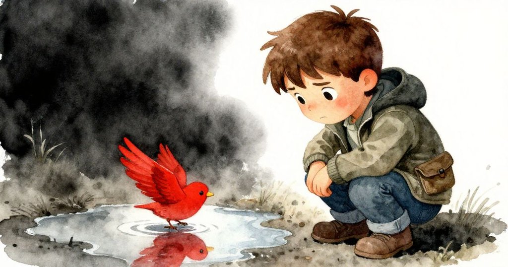 Luke彎腰拍攝小水坑中的倒影，鮮紅羽翼在水中閃耀，他專注期待，自然奇蹟展現轉折高潮。