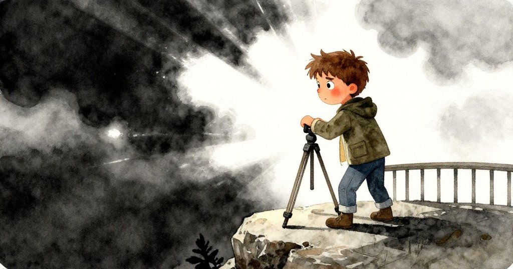 Luke在岩石陽台上迅速調整三腳架，陽光與雲層交織變幻，他專注應對挑戰，展現時間流逝與情節轉變。