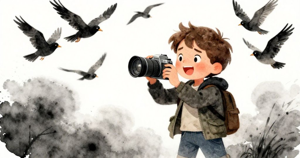 Luke在岩石陽台上露出欣慰笑容，看著成群鳥兒歡快飛翔，慶祝挑戰後的成功與大自然共鳴。