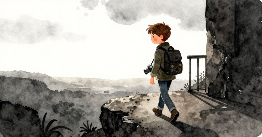 Luke在夕陽下收拾相機，離開岩石陽台，背影與柔和光線交織，溫馨告別大自然，結束一天冒險旅程。