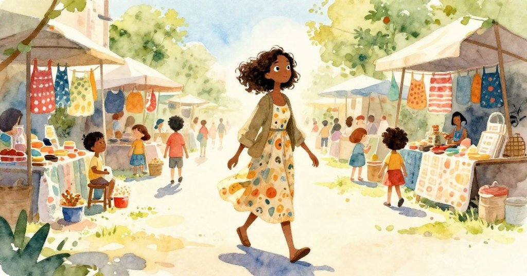 瑪拉在市場中走動，手持素描本，背景鮮豔充滿活力，陽光映出剪影，感到既好奇又興奮的開始。