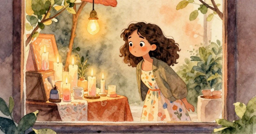瑪拉透過櫥窗注視著燭光閃爍的手工蠟燭，窗內溫暖燈光與外面明亮交融，顯露出探索的喜悅。
