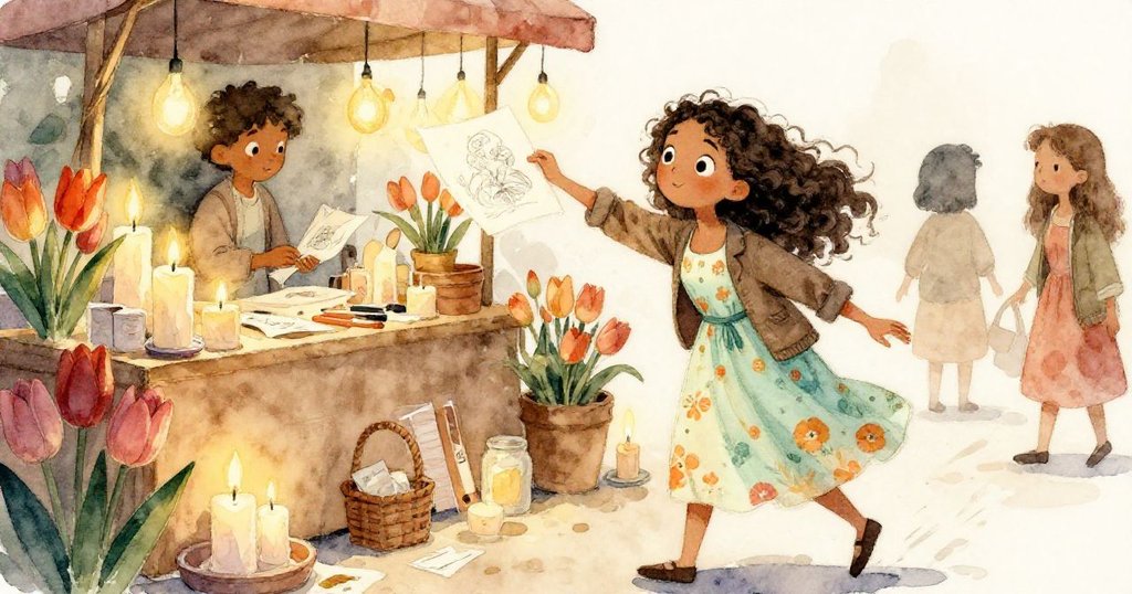 瑪拉在手工蠟燭店內迅速將素描本滑至搖晃的玻璃罐下，背景中溫暖光線和鬱鬱蔥蔥的鬱金香交織，緊張中透著決心。