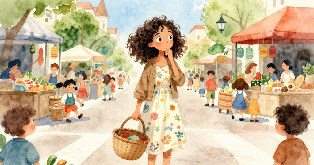 瑪拉在市場轉角處停下來，輕推的籃子讓她陷入抉擇，臉上流露出猶豫與思考，情節推向高潮。