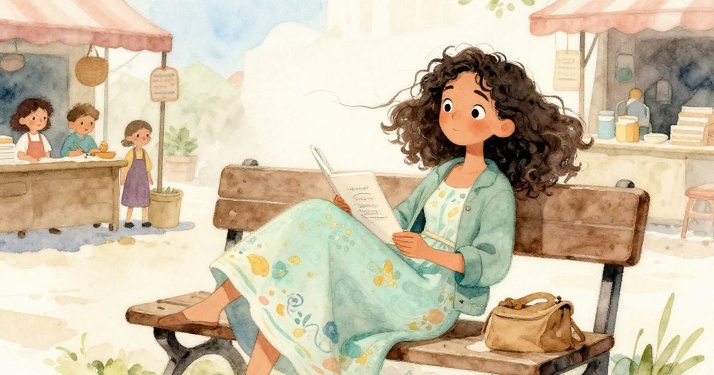 瑪拉在市場邊的長椅上安坐，微笑著欣賞她完成的素描，背景柔和寧靜，故事最終落下平靜的帷幕。