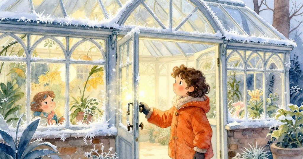 瑪拉在冬日低光中迎向覆有霜花的古舊溫室玻璃屋頂,展示她充滿期待與好奇的動作。