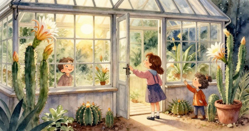 透過有露珠凝結的玻璃觀看溫室內部,瑪拉觸摸寒冷玻璃,細膩展示探索中神秘及充滿期待的情感。