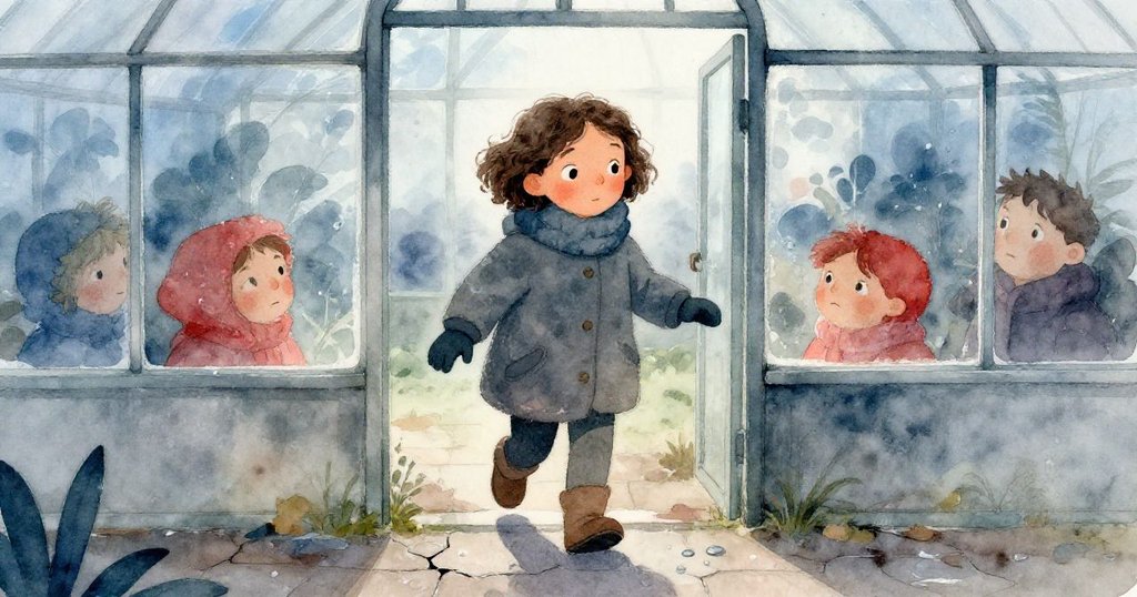 瑪拉步入積著水滴的破碎石磚小徑,冷風吹拂中展現探索神秘綠意世界的動作與情緒。