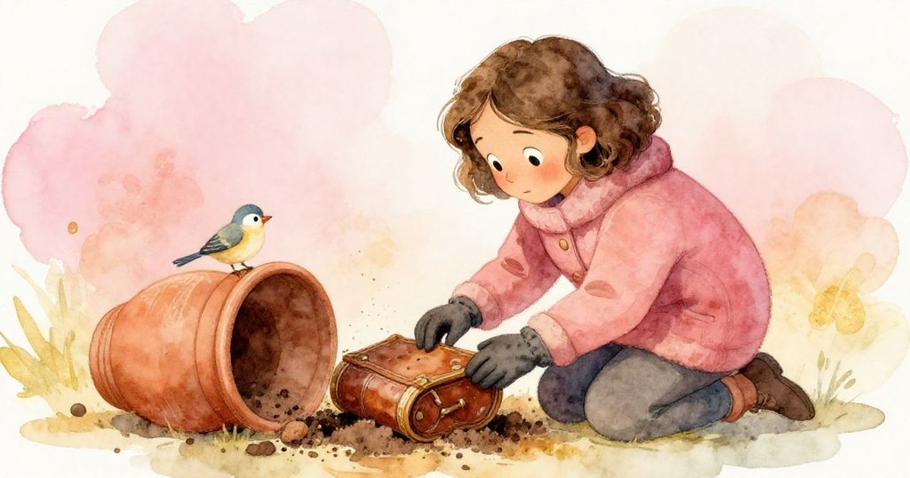 瑪拉蹲下輕拭土壤揭開古舊皮書,一隻小鳥悄然飛近,與綻放仙人掌共同營造神秘與溫暖互動情景。