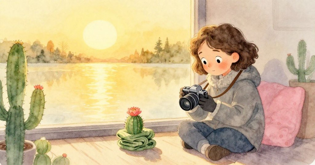 在夕陽餘暉中,瑪拉將相機輕放於合攏花瓣的仙人掌旁,展現從開始到結束靜謐與感恩的探索情節。