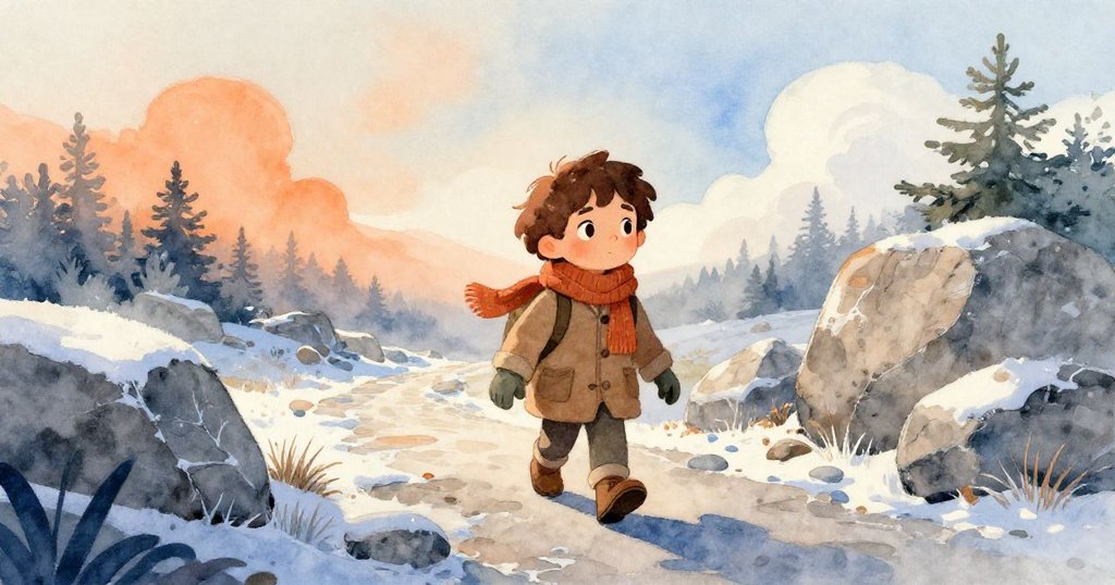 米洛穿著暖和外套,在晨光中踏上覆冰霜小徑,臉上帶著期待表情,遠山與薄霜增添神秘氣氛。