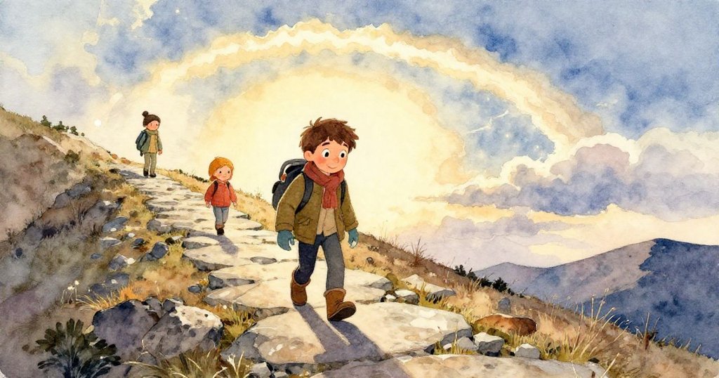 米洛的小靴子踏過覆冰草地,留下清楚腳印,近距離呈現冬日微冷卻充滿期待的探索感。