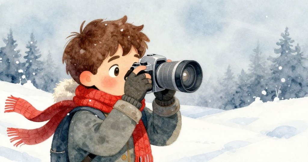 米洛在狂風中努力固定相機,雪花紛飛將畫面一半模糊,一半清晰,緊張氣氛中展現堅定神情。