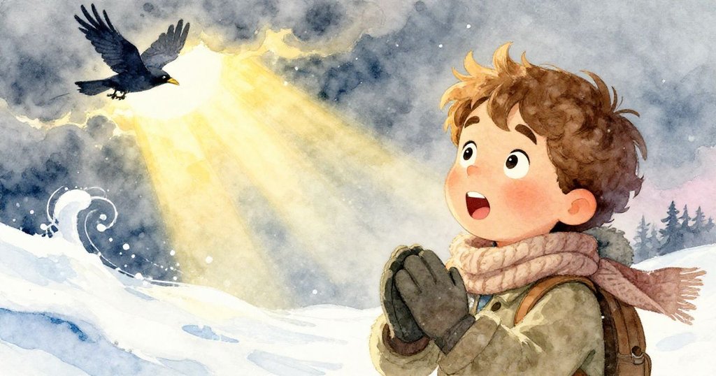 米洛捕捉到光柱穿透烏雲之際,烏鴉掠過雪舞天際,激動表情與奇景交織,氣氛緊湊。