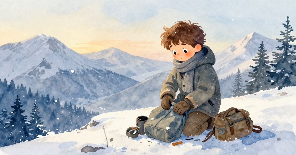 米洛在靜謐雪景中收拾裝備,臉上流露滿足平靜,山脊白雪覆蓋,書寫著冒險結束的溫暖故事。