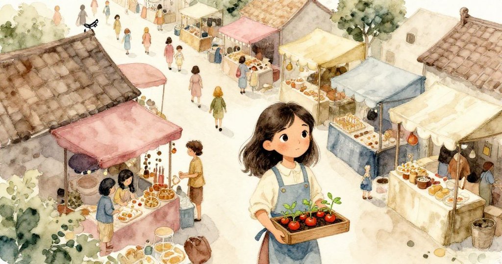 在晨光映照下，米拉踏入熙攘市集，手持木托盤載著嫩番茄苗，欣喜而堅定地迎向挑戰。