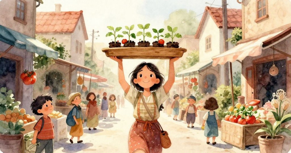 米拉特寫面容，眼神充滿決心，額頭微汗，晨光照亮她捧著木托盤的堅毅表情。