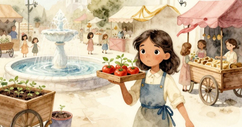 米拉走向閃耀噴泉，細緻描繪周圍攤販與風中飛揚的圍巾，步伐從容而堅定。