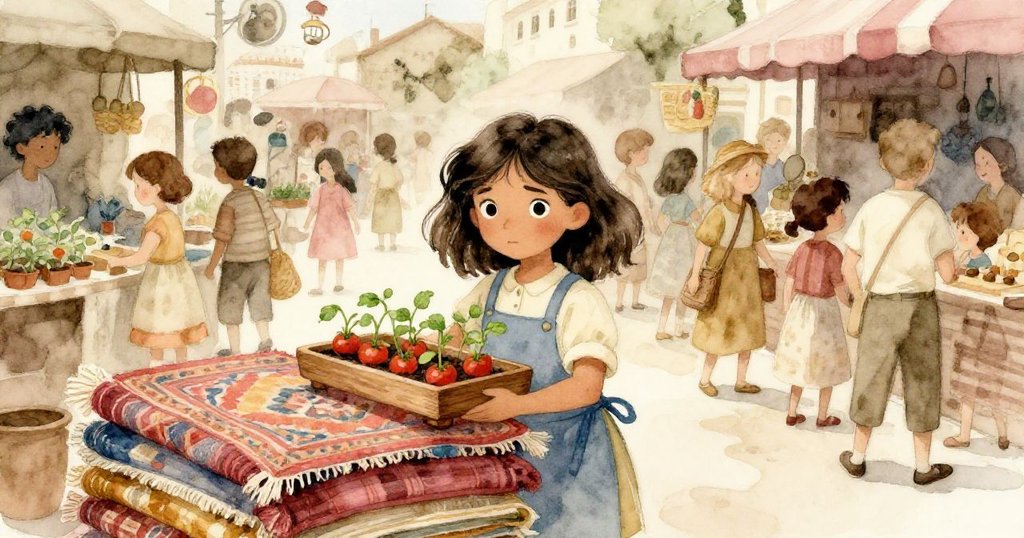 在擁擠市集的追逐中，米拉機智躲避擁擠，守護著脆弱幼苗，表情專注且果斷。