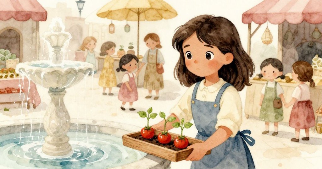 米拉終於抵達噴泉邊，將托盤穩放，嫩苗隨晨光輕輕搖曳，滿懷喜悅與完成感。