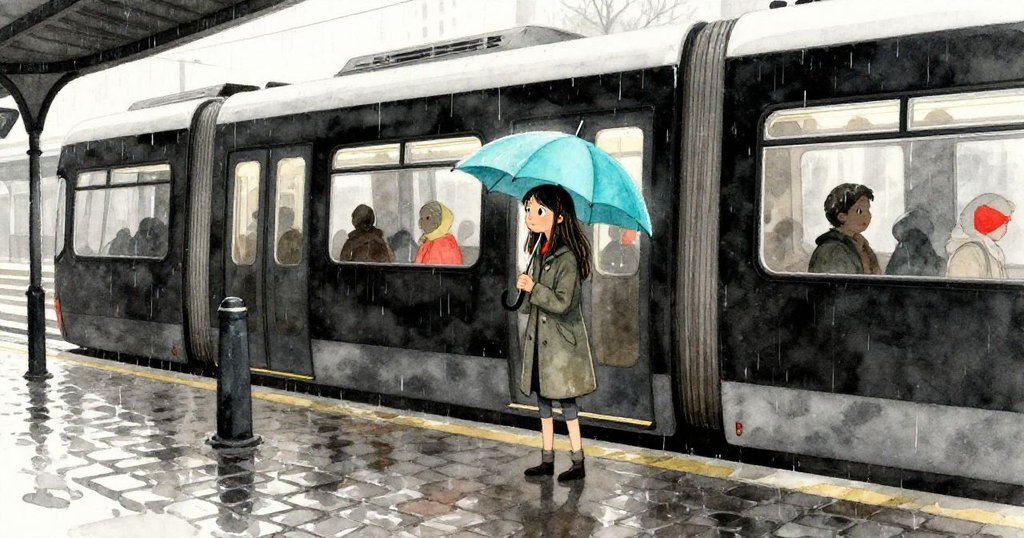 艾拉從電車下車，雨中走在濕滑鵝卵石上，神情堅定，背景為都市雨天及低垂雲層。