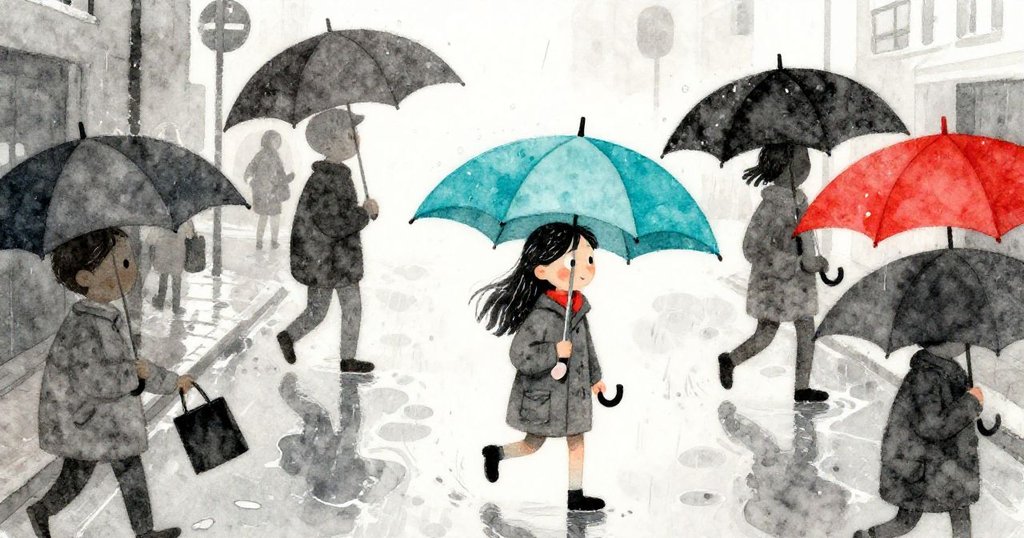 艾拉在雨中大步走過繁忙街道，身持翠藍傘與眾多五彩傘交織，地面鵝卵石濕潤閃耀雨滴。