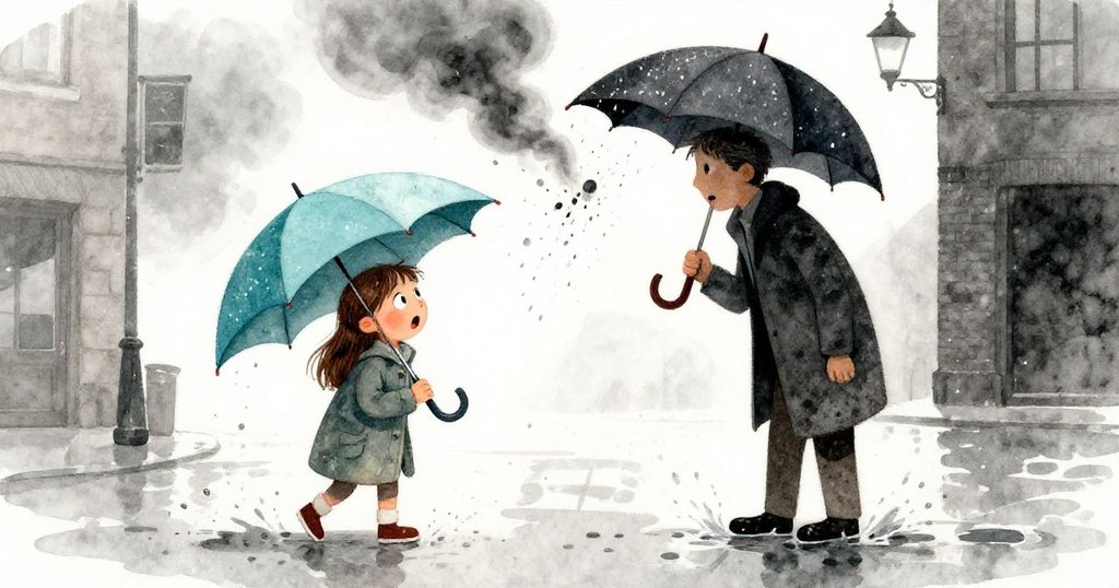艾拉與神秘男子在熙攘廣場中傘碰撞，雨滴飛濺在她的袖上，兩人面露驚訝神情，都市雨景鮮明展現。