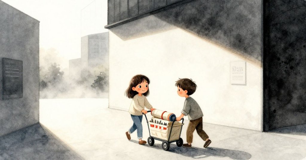 在晨光中，Maya與Leon在畫廊中推著裝有被子管和工具的手推車，環境溫暖清新，展現他們充滿期待的動作。