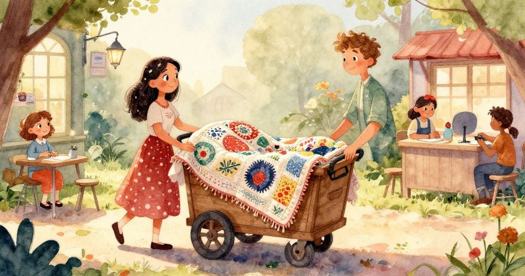 從Maya視角看到被子在光亮地板上展開，展現火箭、星星與發射台圖案，雙手輕觸細節，充滿神奇與探索感。