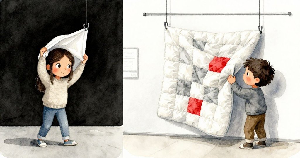 畫面分為兩部分，一邊顯示掛鉤傾斜導致被子滑落混亂，另一邊呈現完美安裝下的被子，Maya與Leon在兩種情境中展現專注與希望。