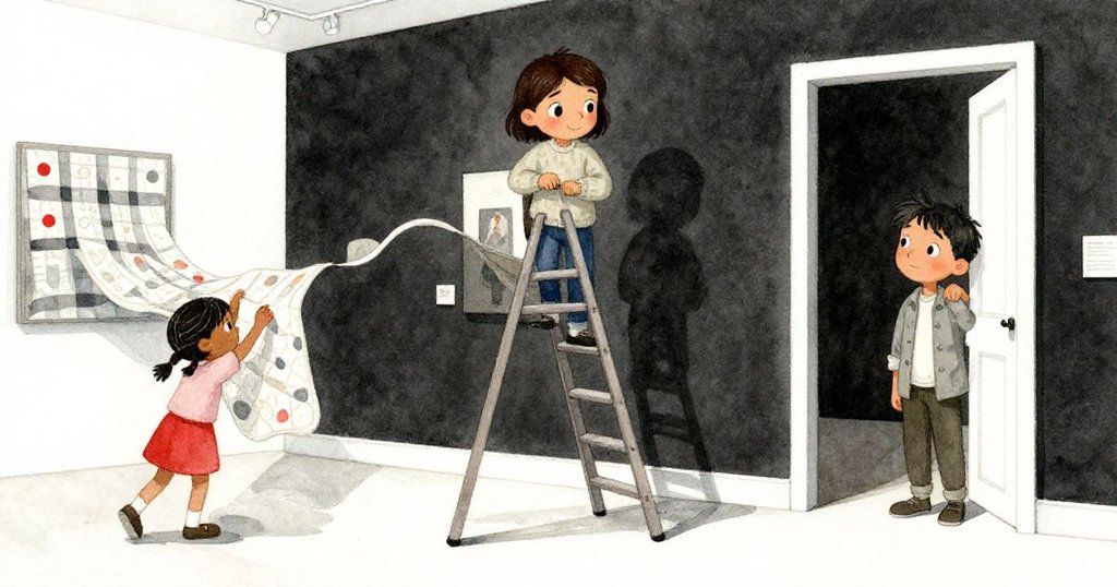 Leon努力穩住滑動中的梯子，Maya趕緊整理扭曲的被子，背景中一位文化大使好奇站在門口，場景充滿張力。