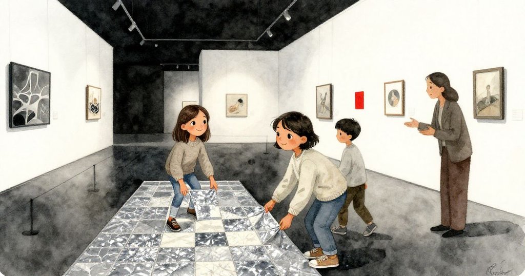 Maya與Leon完成被子安裝後滿足收拾工具，銀色拼塊綻放迎賓光芒，文化大使在背景中默默點頭，氣氛愉悅平靜。