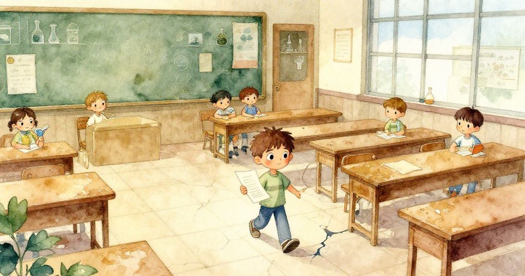 米羅正興奮地走進充滿陽光的科學社房間，從高處看到破裂地磚和積滿灰塵的長椅，展現冒險開始。